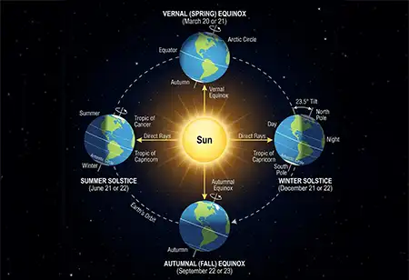 A diagram showing the seasons as the Earth rotates around the Sun.