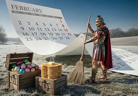 A Roman soldier with broom stands by a calendar signifying the origins of the month of February.  At his feet are boxes of Easter eggs and pancakes ready for Shrove Tuesdays and Easter.