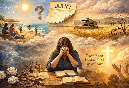 A woman sites at a desk preparing to write.  Ariound her are images of country llife in July.  A harvester is reaping, a family plays on a sandy beach, there are also images of thunderstorms and drought.  The text "Trust in the Lord" is prominent.