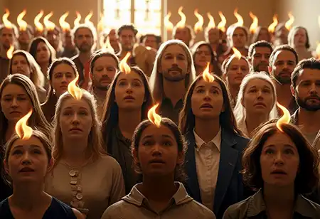 When the day of Pentecost came, all the believers were gathered together in one place. Suddenly there was a noise from the sky which sounded like a strong wind blowing, and it filled the whole house where they were sitting. Tongues of fire spread out and touched each person there.