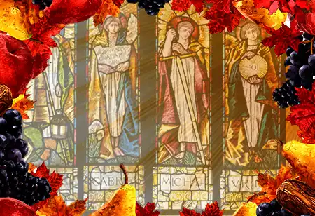 A graphic of the window at St Mary’s Church in Mortehoe, showing four of the archangels, Michael, Gabriel, Raphael and Uriel.  The image is bordered with autumn fruits, nuts and leaves.